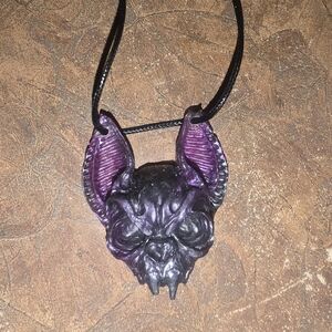 Gothic Purple & Black Gargoyle Skull 18 Inch Adjustable Waxed Cord Necklace